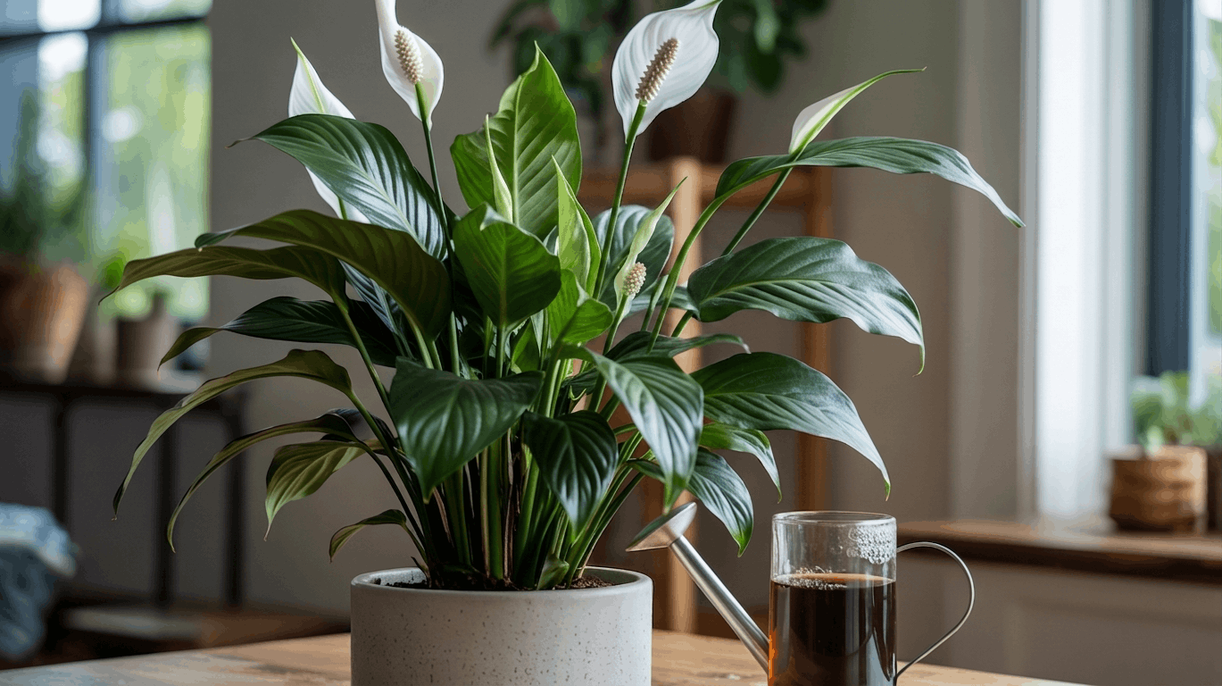 Peace lily plant in ceramic pot with white blooms placed on table with soft indoor lighting and calm decor.