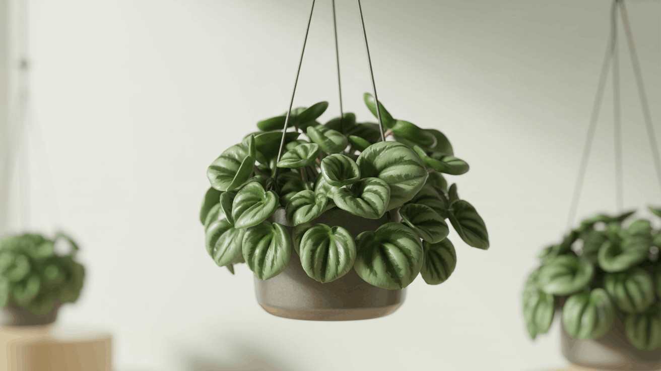 Compact peperomia hanging plant with thick round leaves in small pot inside minimal modern indoor workspace.
