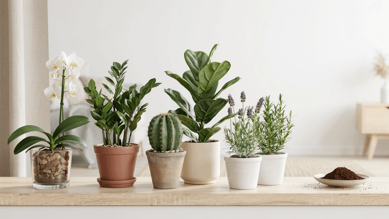 Indoor plants shown with soil setup explaining which plants are not suitable for coffee ground use safely.