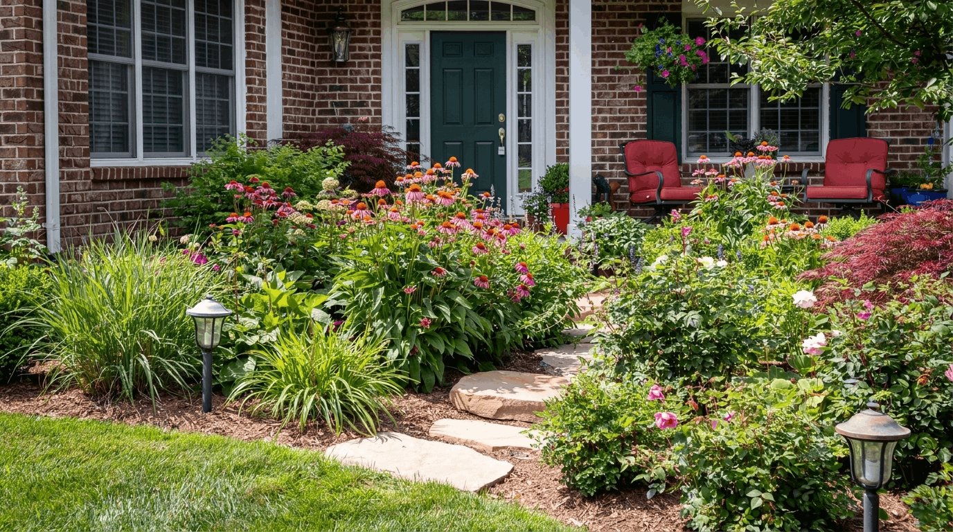 Front yard pollinator garden with grouped native flowers attracting bees and butterflies across the planting beds.