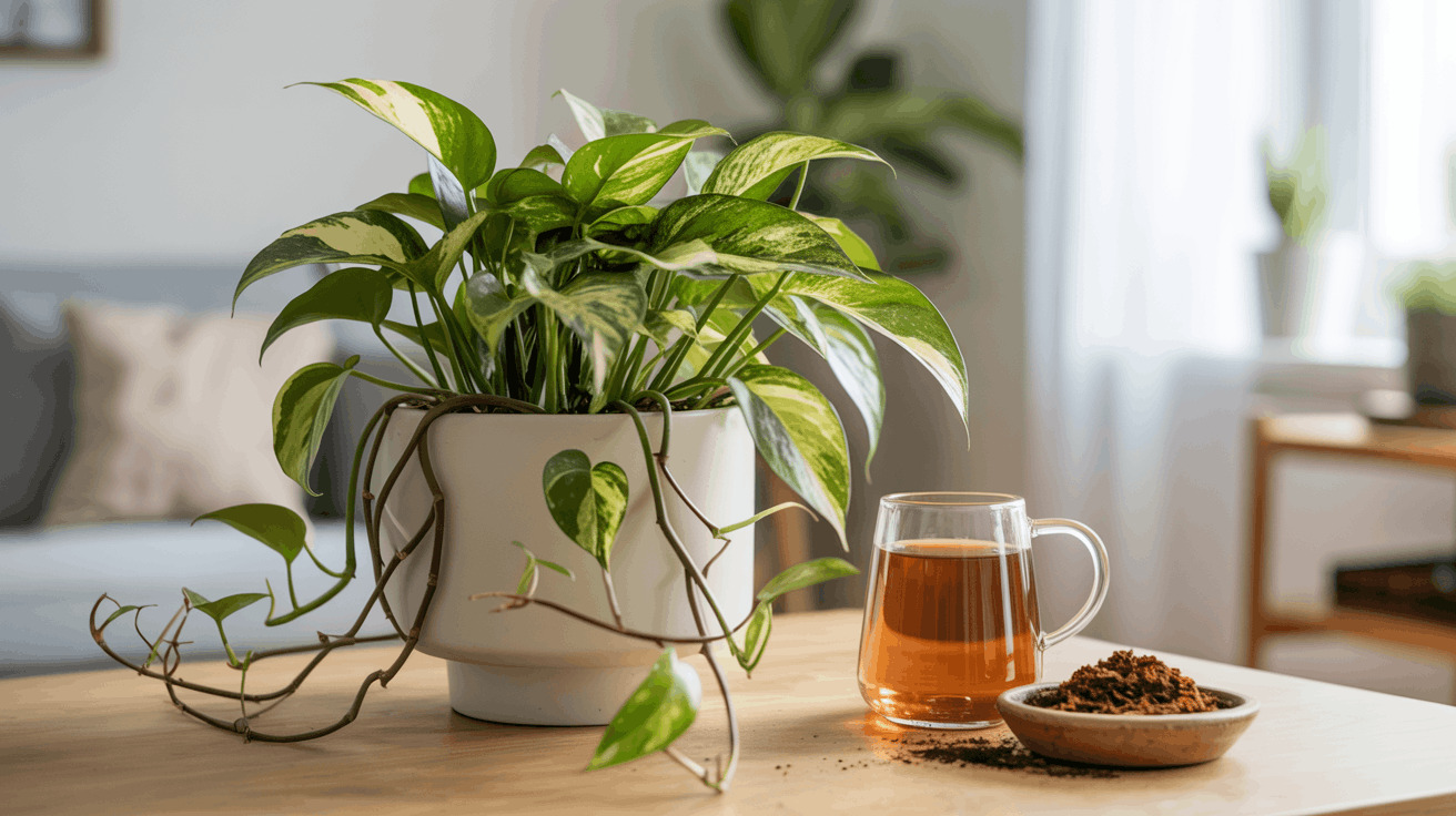 Pothos indoor plant with trailing green vines in ceramic pot placed on shelf with soft natural home lighting.