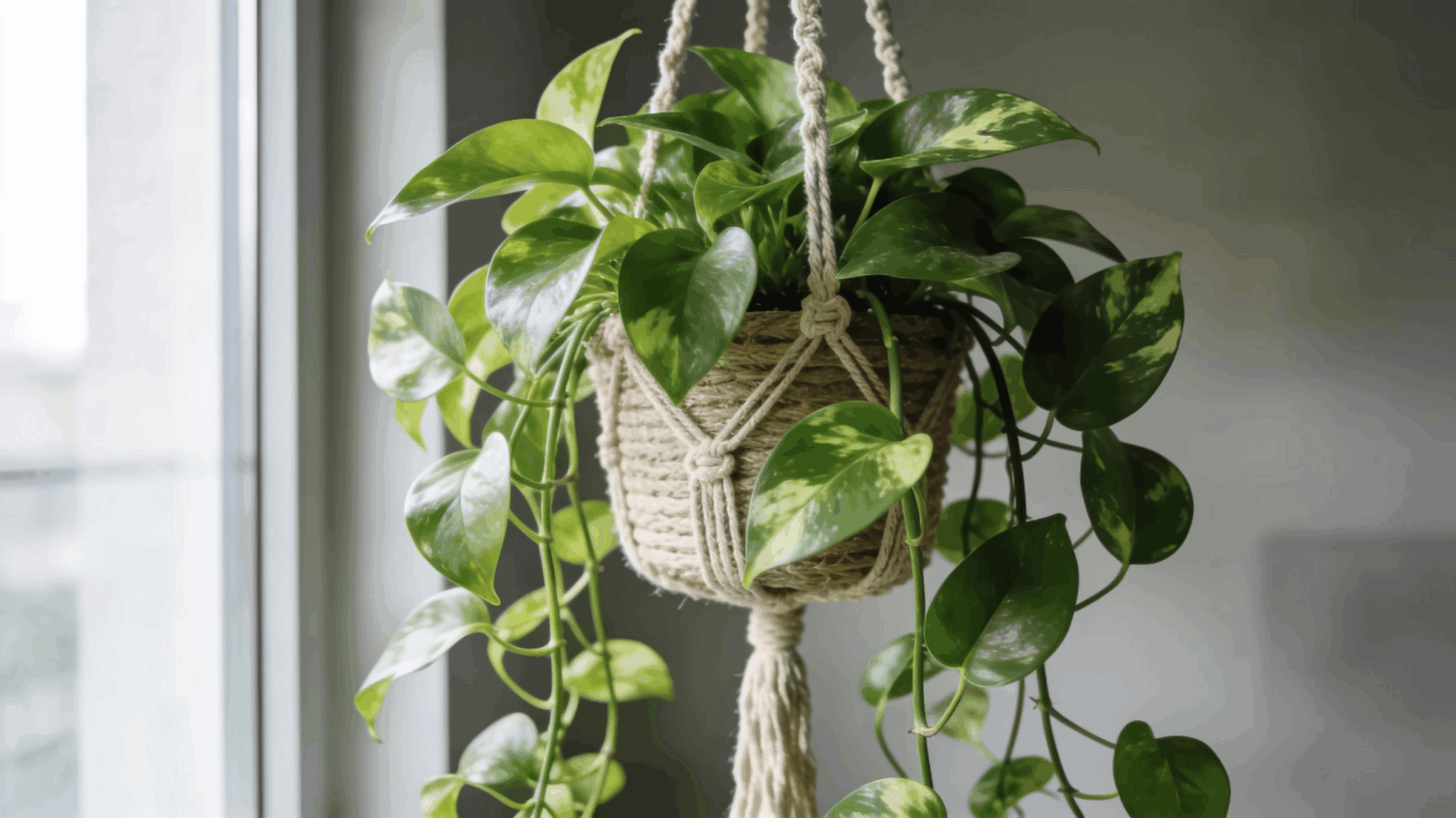 Trailing pothos plant in woven macrame hanging pot with lush green heart-shaped leaves cascading downward.
