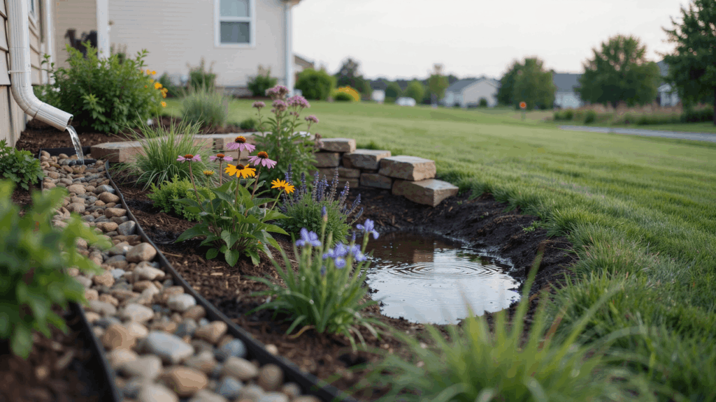 Rain garden design in residential yard showing stormwater flowing from roof downspout into planted basin with native plants.