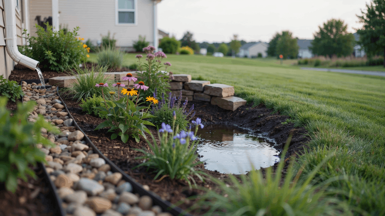 Rain garden design in residential yard showing stormwater flowing from roof downspout into planted basin with native plants.