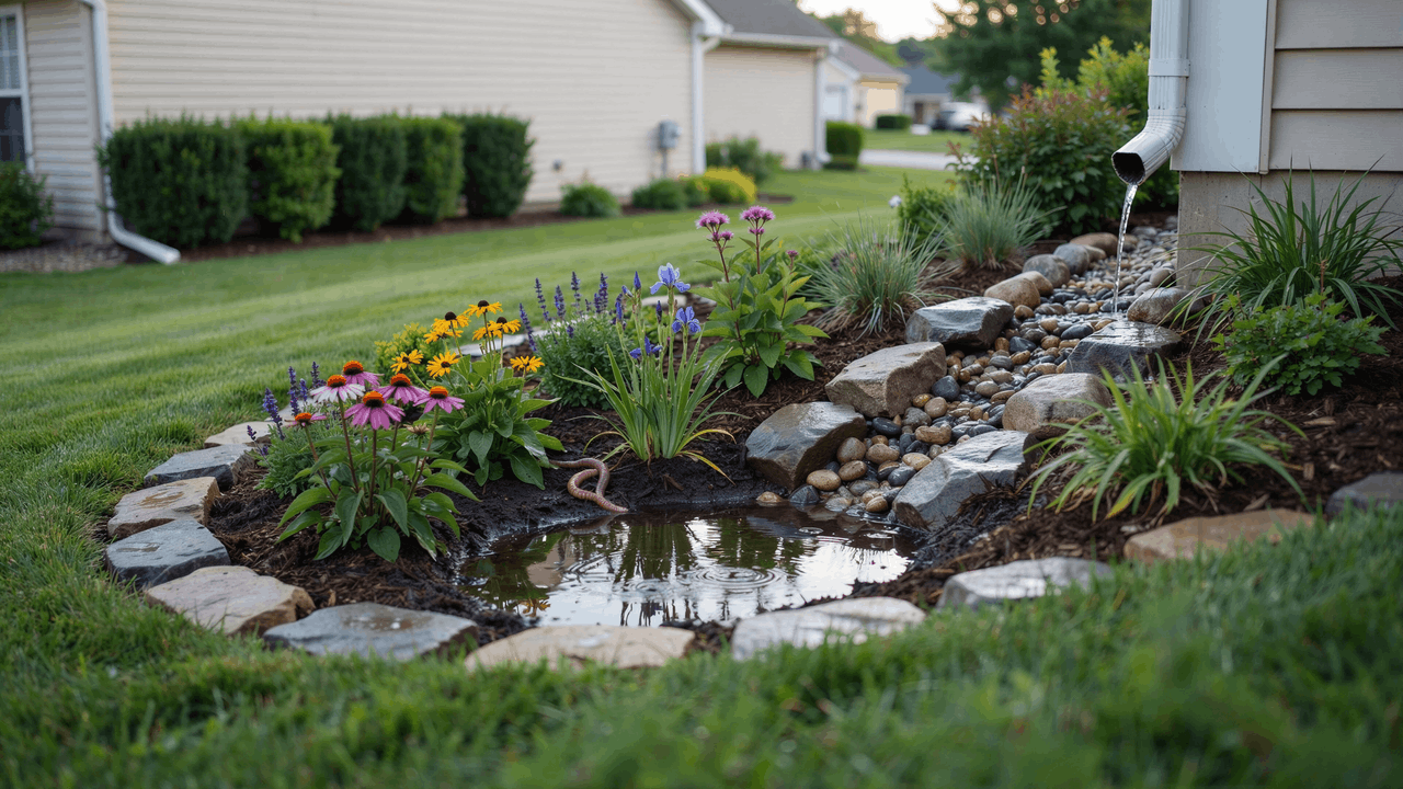 Rain garden design in residential yard showing stormwater flowing from roof downspout into planted basin with native plants.