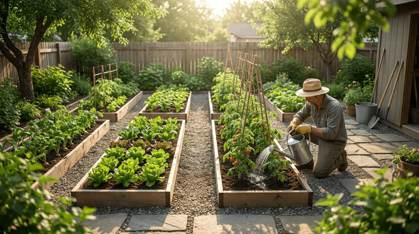 Raised garden beds arranged in straight rows with gravel paths growing vegetables in an organized backyard layout.