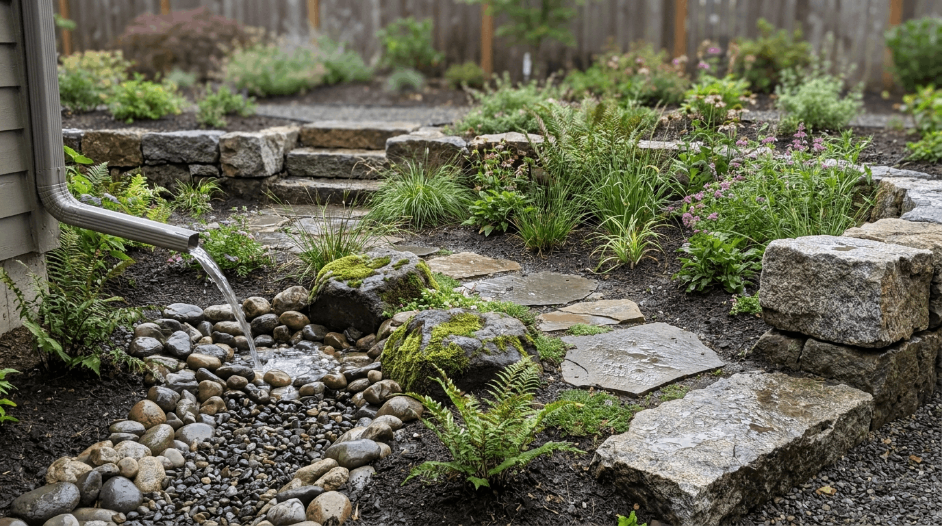 Rain garden with river rocks boulders and stepping stones guiding water flow into planted basin for erosion control.