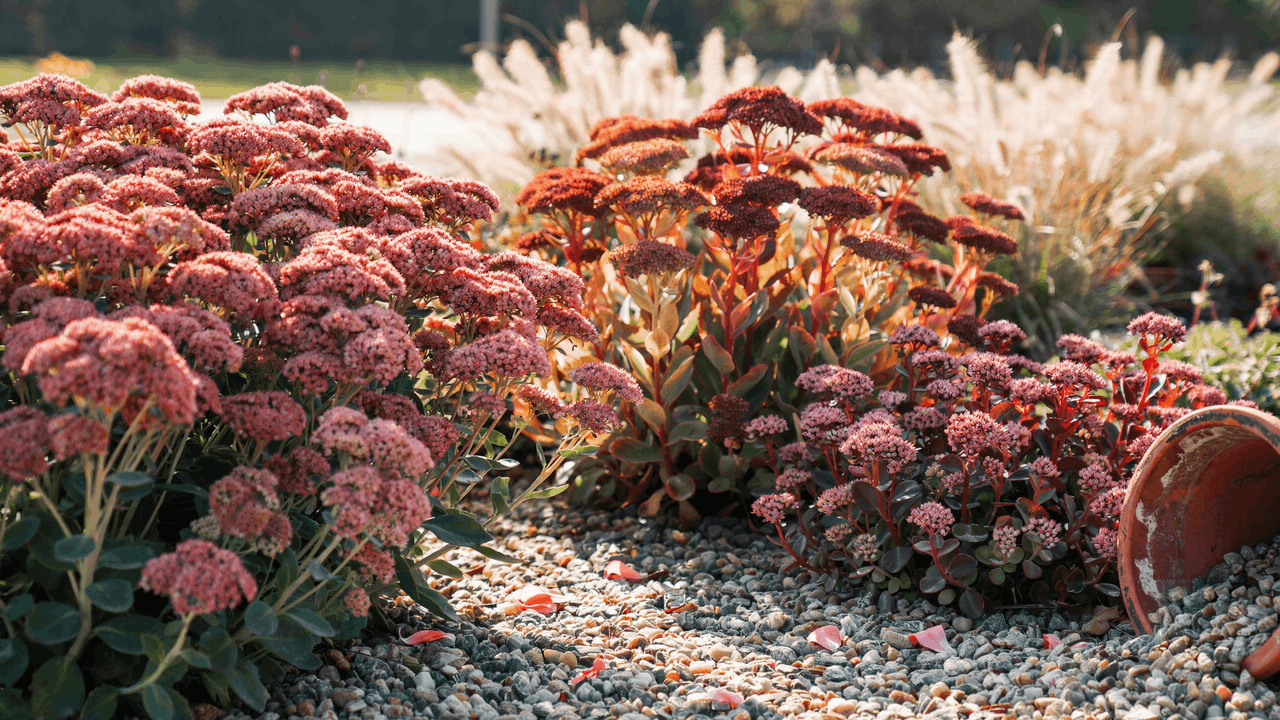 Sedum with flat-topped pink flower clusters and thick succulent foliage in a late-summer border