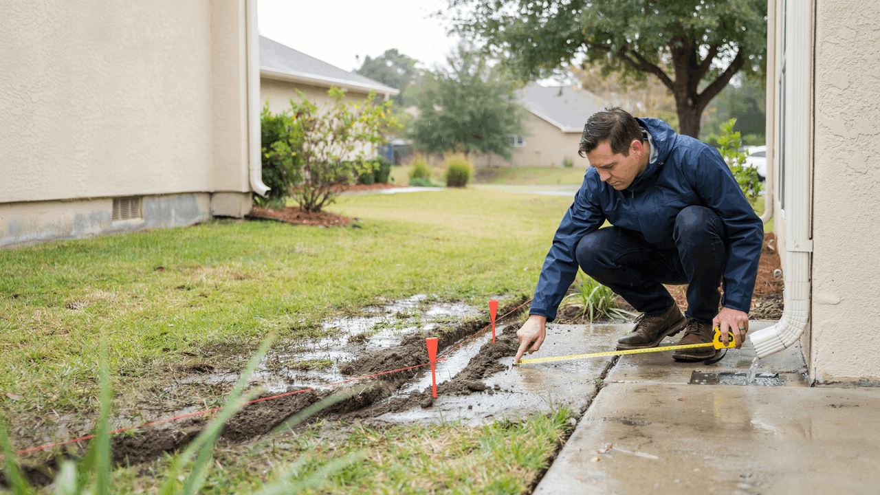 Homeowner observing rainwater flow in yard identifying natural drainage paths for rain garden placement near slope and downspout.