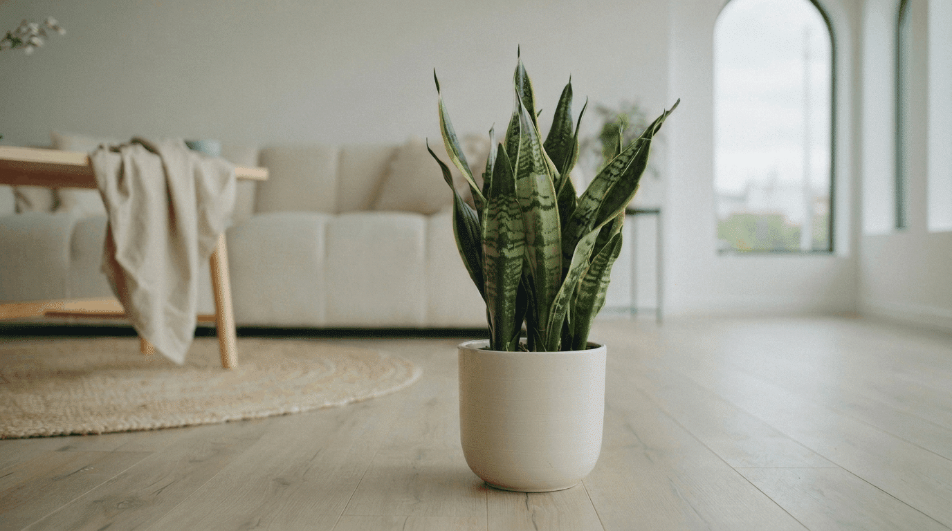 Snake plant in modern pot indoors with minimal decor showing upright green leaves known for air purifying qualities.