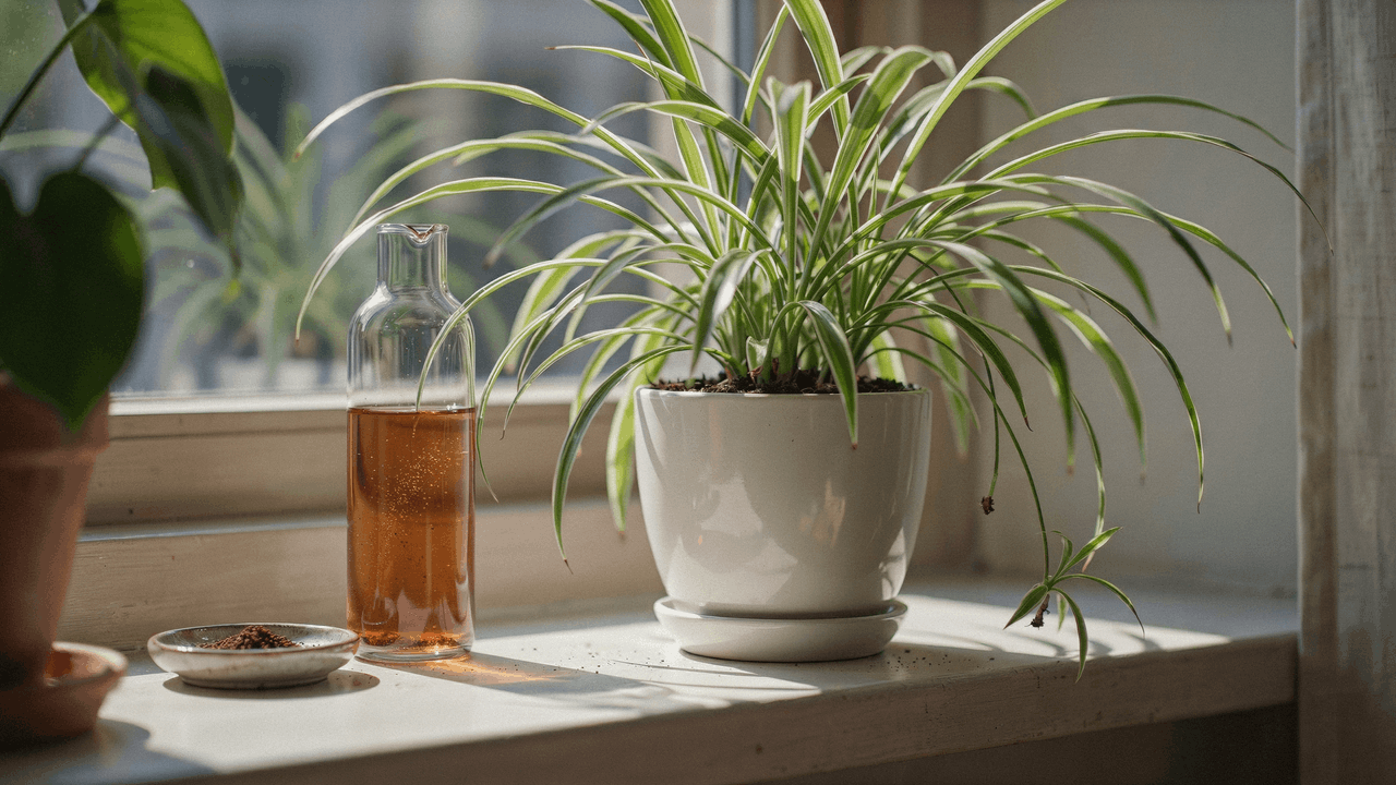 Spider plant in bright room with arching green and white striped leaves displayed in a decorative indoor pot.