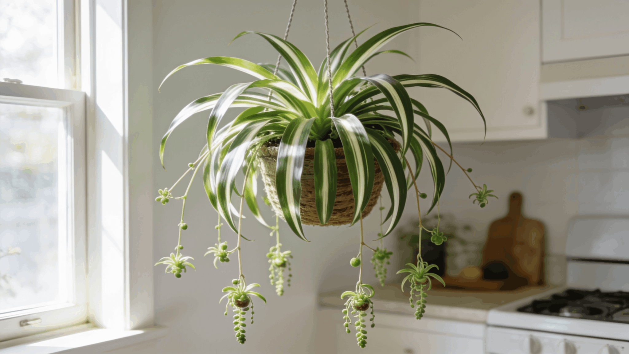 Spider plant hanging with arching striped leaves and baby plantlets in bright indoor kitchen or living room space.