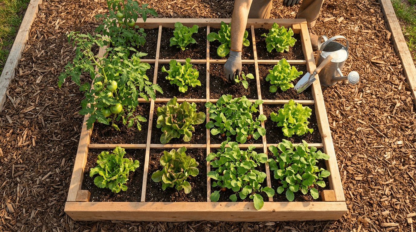 Square foot raised bed divided into grids with vegetables planted in sections for efficient small space gardening.