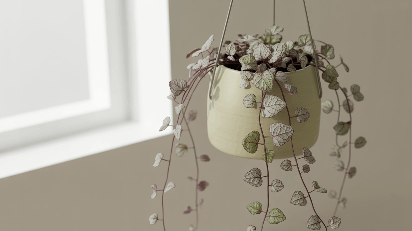 String of hearts hanging plant with delicate heart shaped leaves trailing in bright indoor window light.