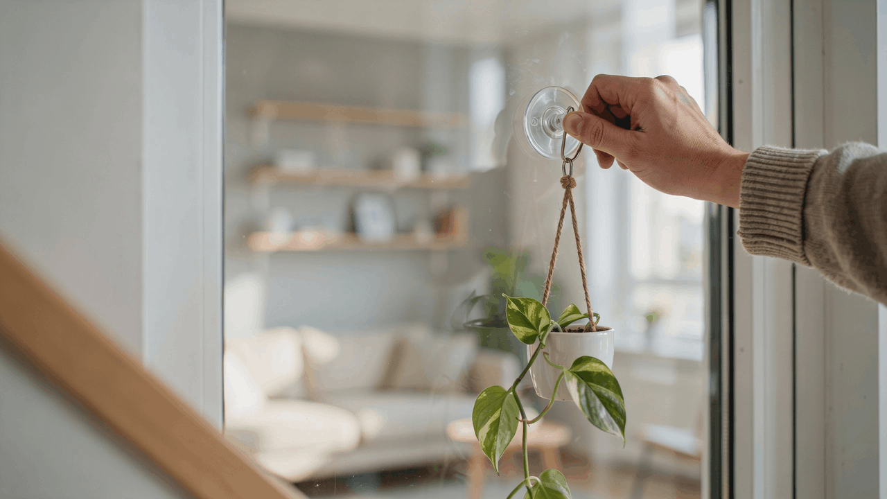 Suction cup hook holding small hanging plant on glass window in bright indoor space showing rental friendly setup.