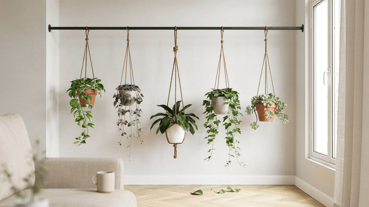 Indoor tension rod setup between walls supporting hanging plants in bright window filled apartment living space.