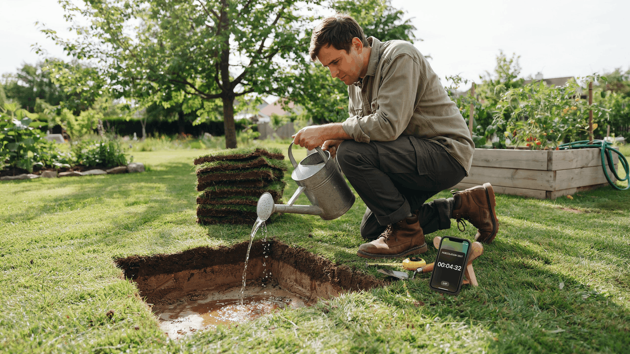 Gardener performing percolation test by filling hole with water to check soil drainage speed for rain garden planning.