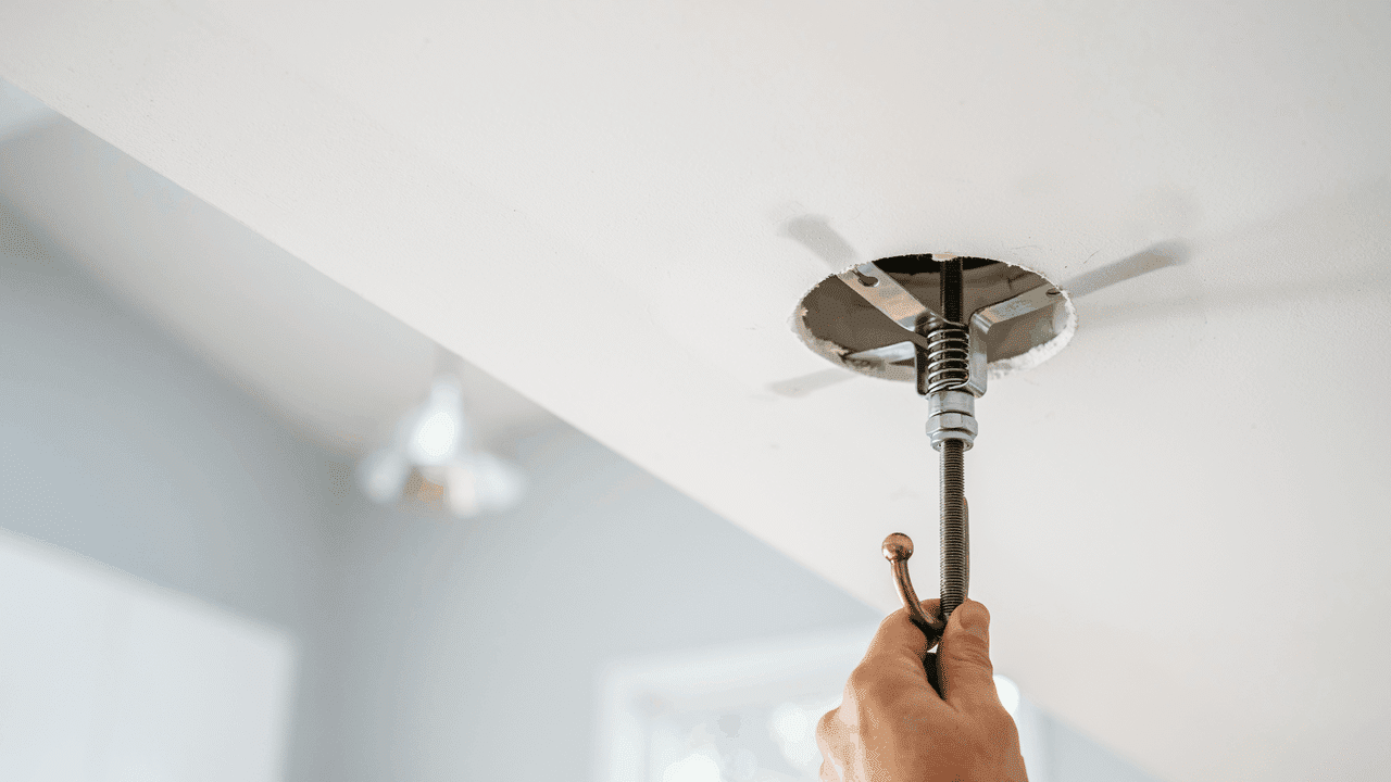 Toggle bolt being inserted into drywall ceiling to securely support hanging plant using swag hook installation method.