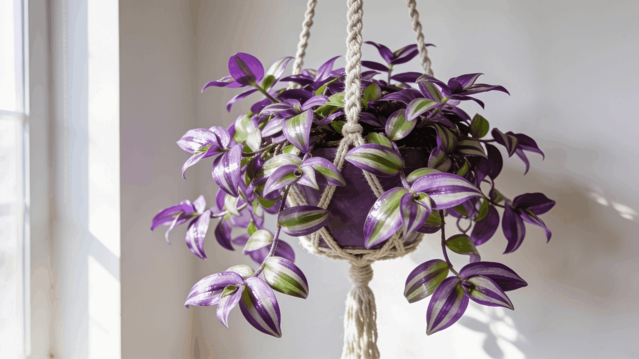 Tradescantia hanging plant with purple green striped leaves trailing in bright indoor space with natural window light.