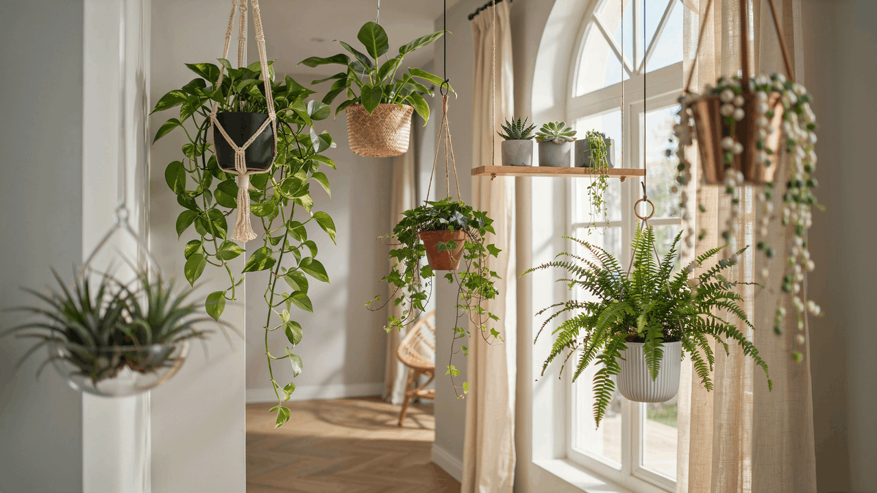 Indoor hanging plants including pothos ivy ferns and succulents displayed in bright modern home with natural light.