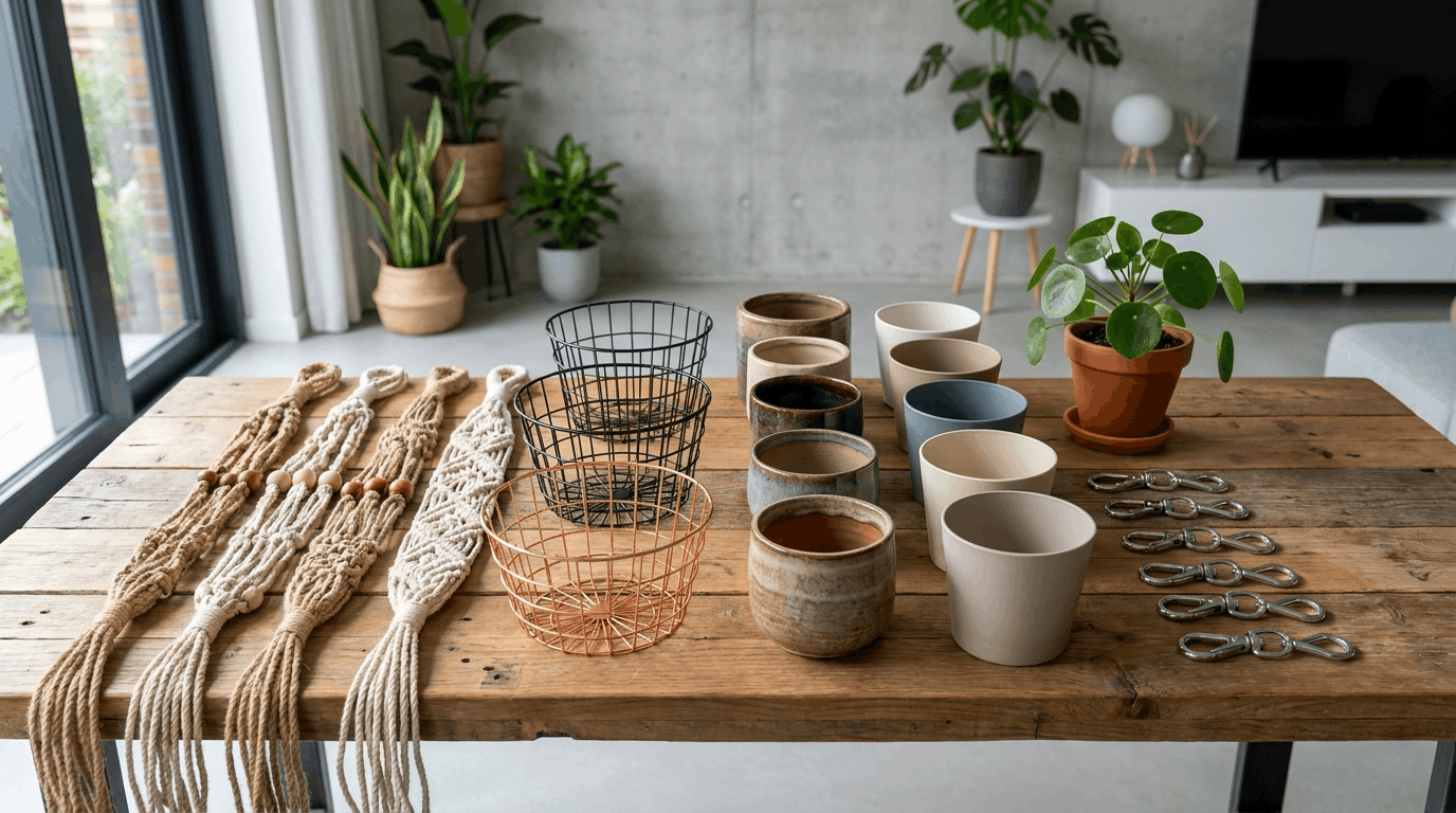 Different plant hangers including macrame wire and ceramic pots arranged on table for ceiling plant hanging selection.