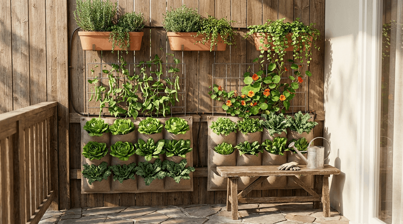 Vertical garden on a fence with stacked planters and trellis growing herbs and leafy greens in a small space.