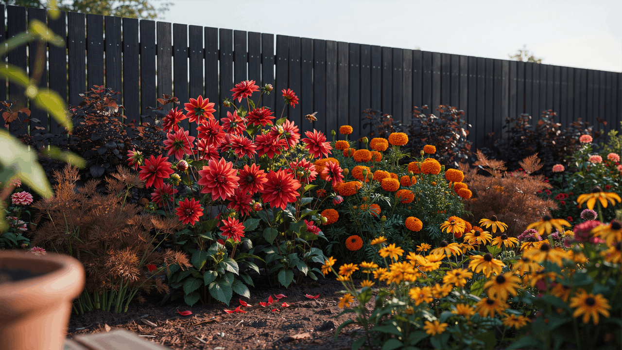 Bold garden border with red, orange, and yellow flowers arranged in high-contrast warm-toned planting design.