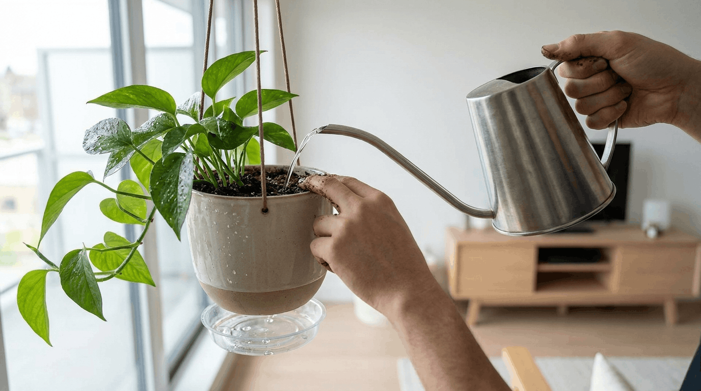 Person watering hanging plant using long spout watering can with drip tray catching water in modern indoor setup.