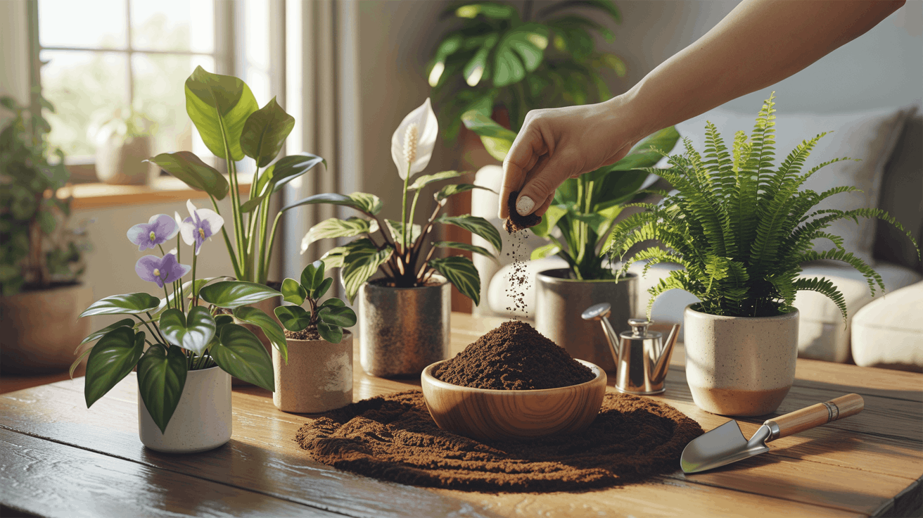Indoor plant care setup showing coffee grounds used around houseplants for natural soil enrichment demonstration.