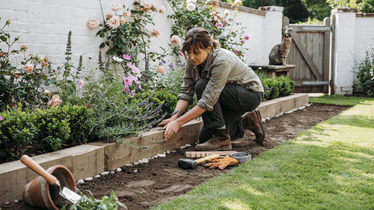 Cottage garden border framed with wooden sleepers forming a rustic boundary between soil and lawn areas.