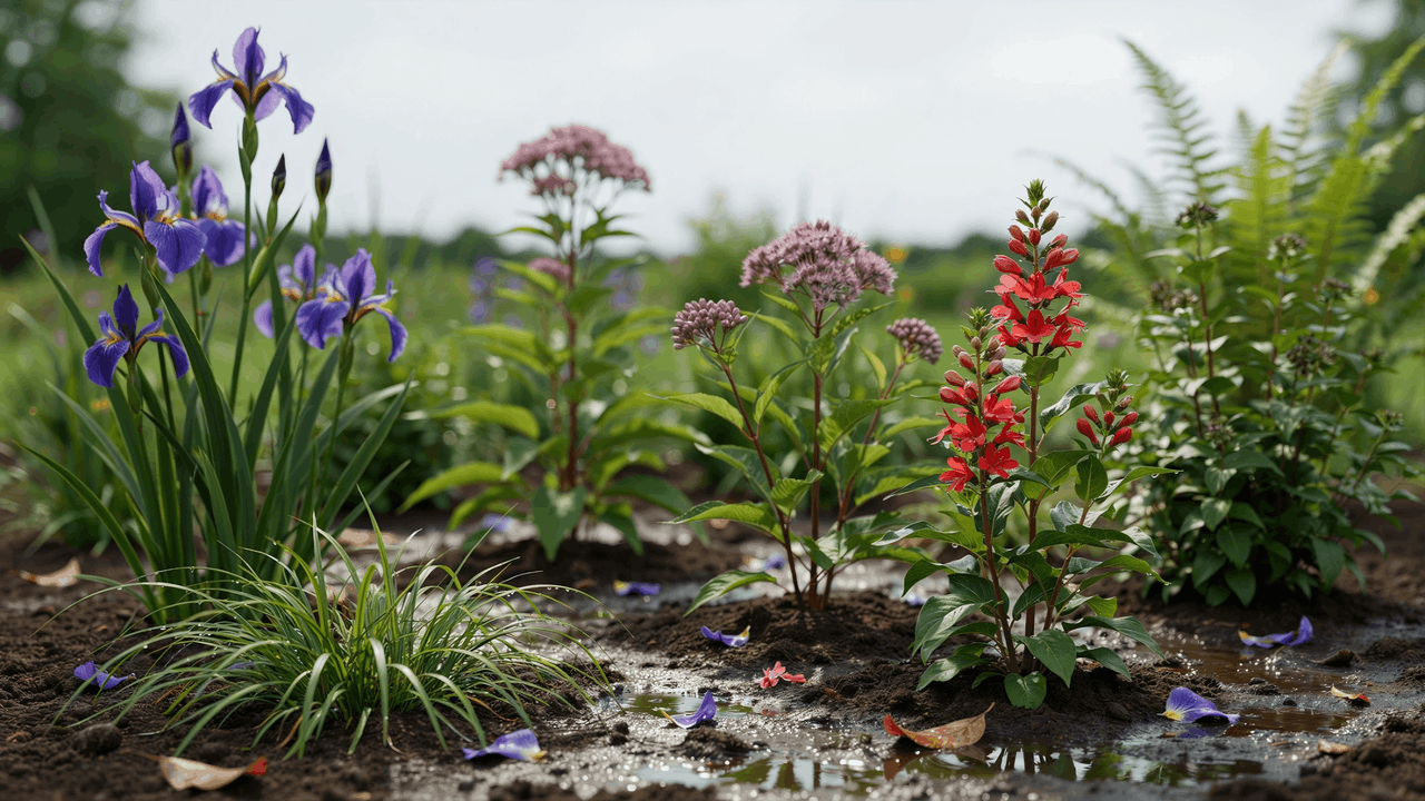 Wet rain garden center with iris joe pye weed and swamp milkweed growing in moisture rich soil after rainfall.
