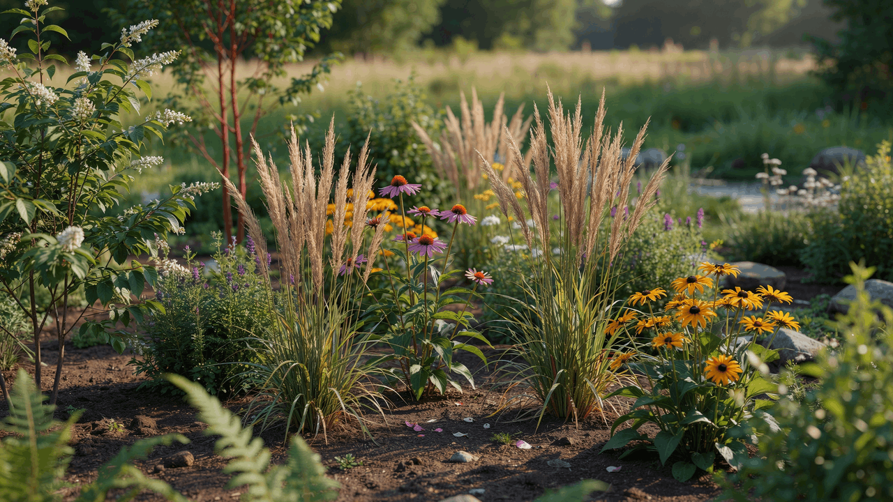 Middle rain garden zone showing flowering perennials and grasses adapted to alternating wet and dry soil conditions.