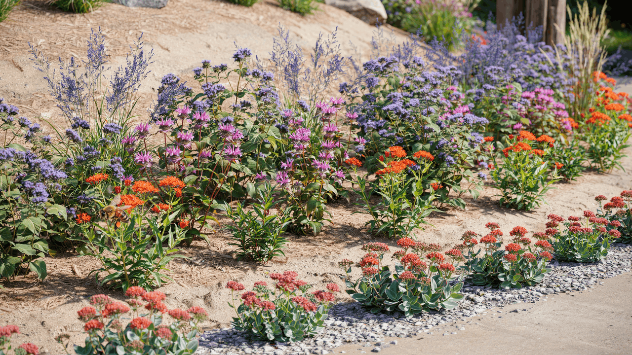 Dry outer rain garden edge with grasses and drought tolerant plants growing on berm with well drained soil conditions.