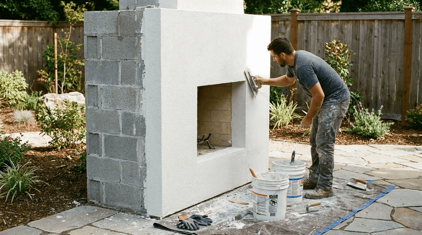 Applying stucco finish to cinder block outdoor fireplace for a polished backyard appearance.