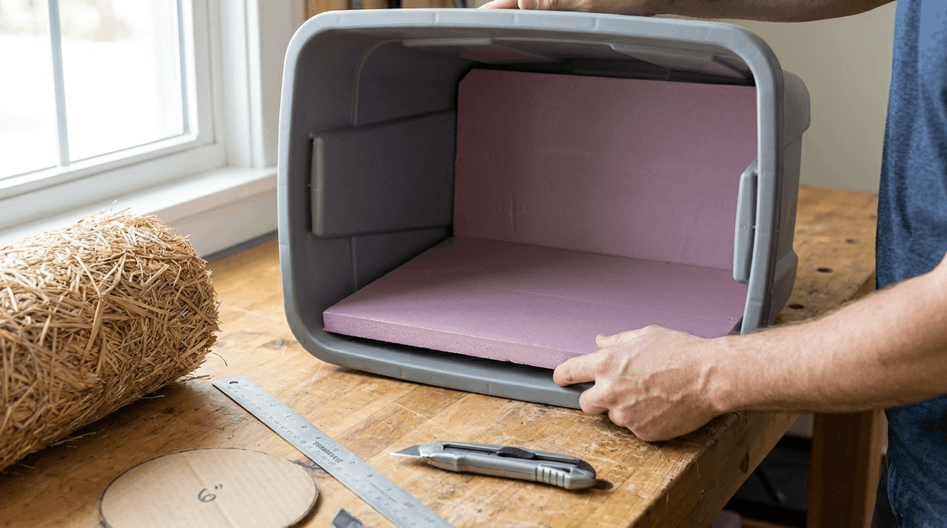 Adding rigid foam insulation layer inside tote cat house base to prevent cold ground heat loss.