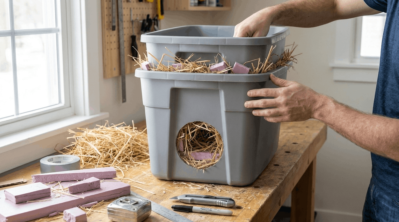 Adding straw insulation between tote walls to improve warmth and protection in DIY cat shelter.