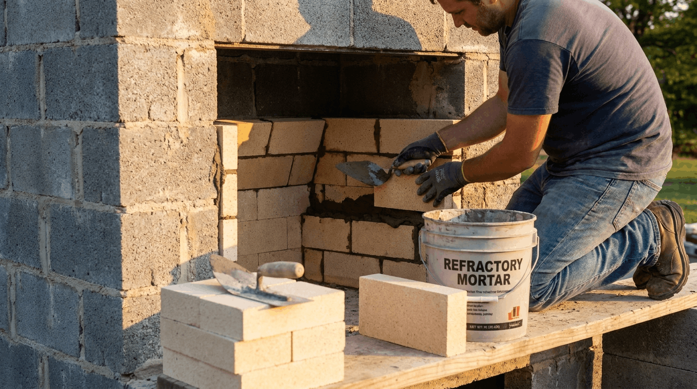 Installing heat-resistant firebrick inside cinder block fireplace firebox with refractory mortar.