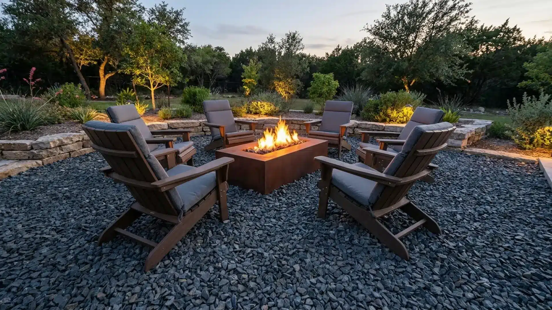 Close-up texture of angular crushed stone gravel used as a durable surface material for outdoor fire pit areas.