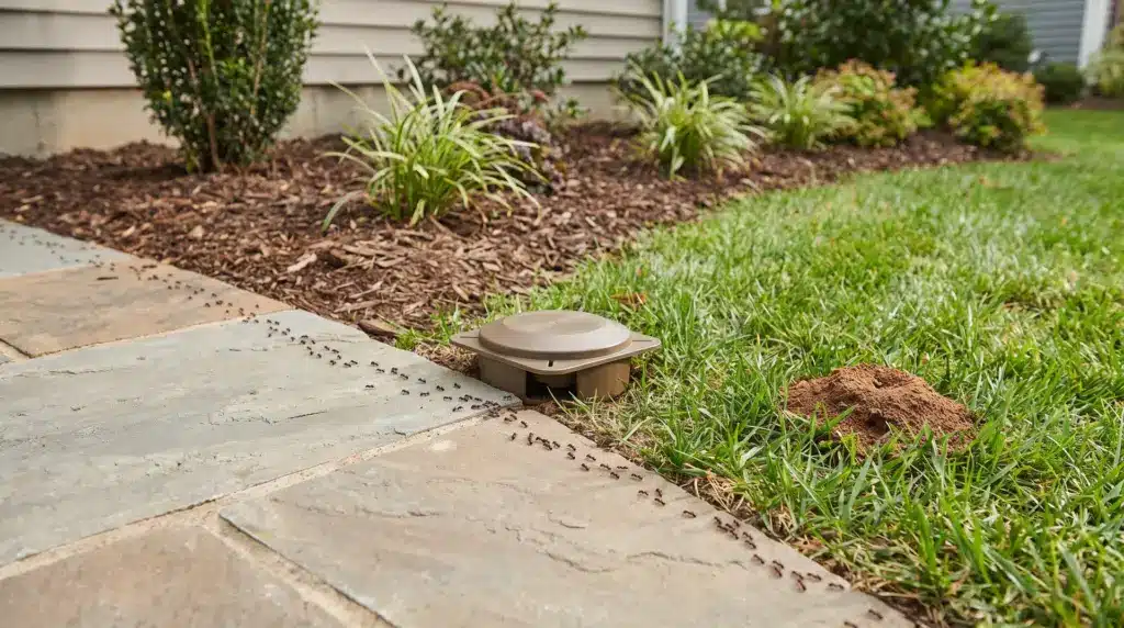 Ant killer outdoor treatment with bait station, ant trail, and mound in a residential backyard area.