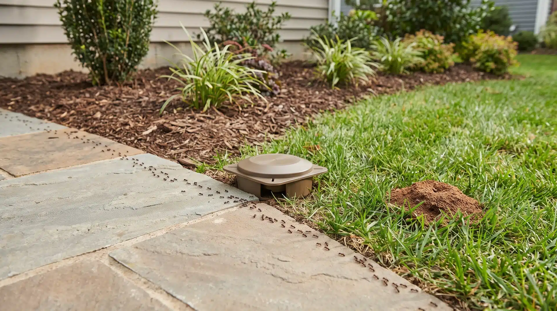 Ant killer outdoor treatment with bait station, ant trail, and mound in a residential backyard area.