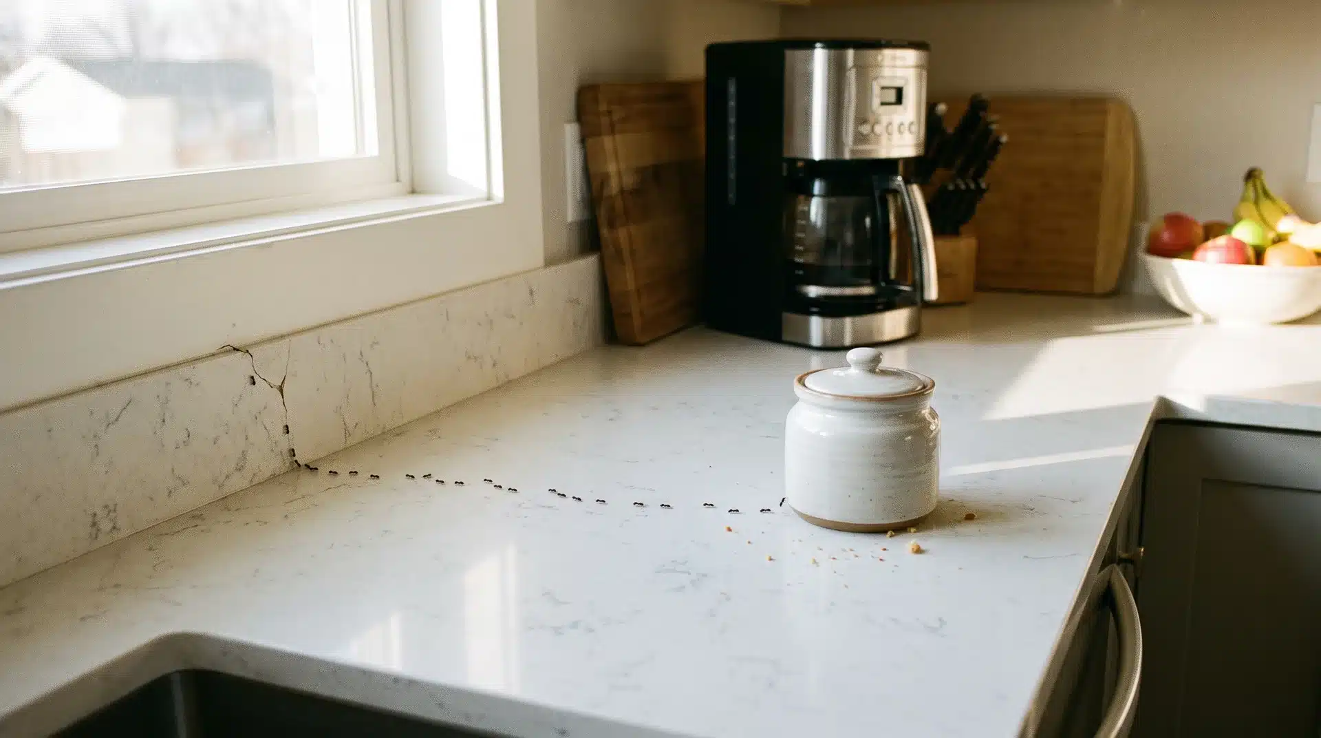 Ants in home crawling across kitchen counters near food sources and hidden entry points causing infestation.
