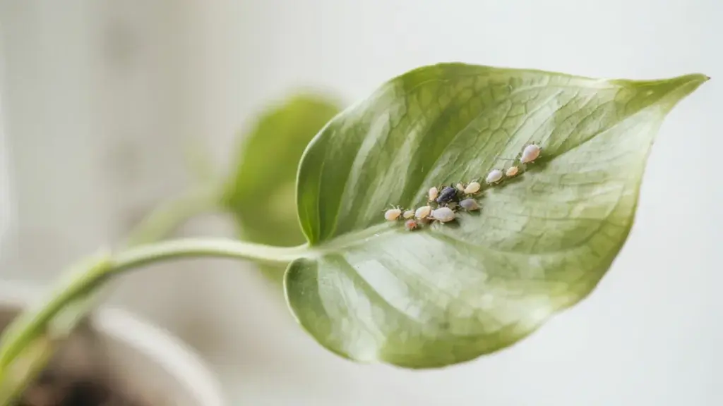 Close-up of a houseplant leaf heavily infested with small white aphids clustered along the veins.