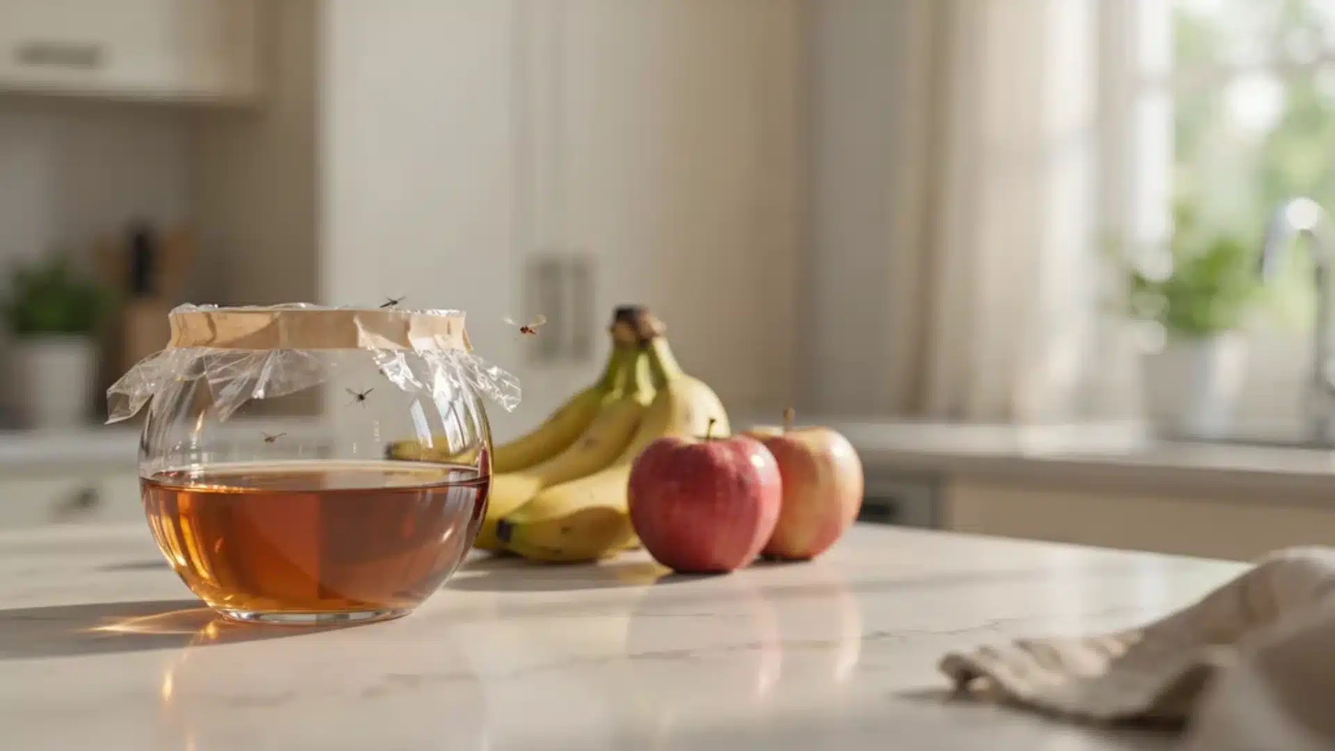 Glass bowl of apple cider vinegar on a kitchen counter covered with plastic wrap, attracting small flies.