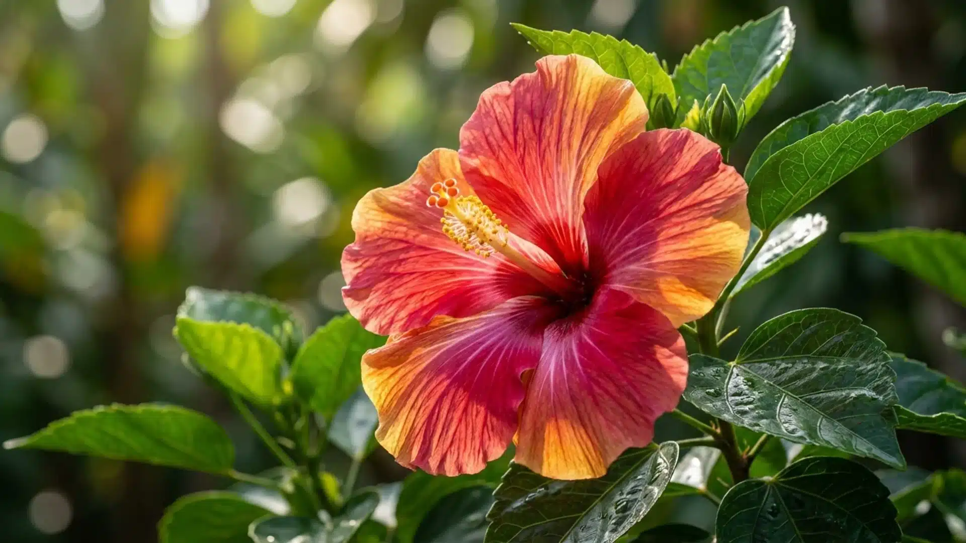 Colorful hibiscus flower blooming among green leaves with sunlight in a garden setting.