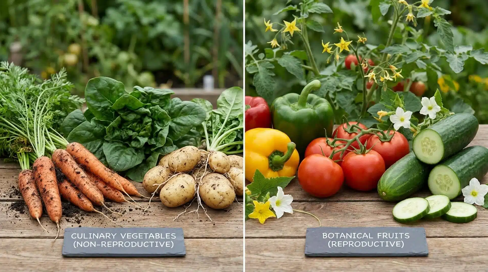 Split comparison of vegetables and fruits showing that peppers are a fruit based on botanical classification.