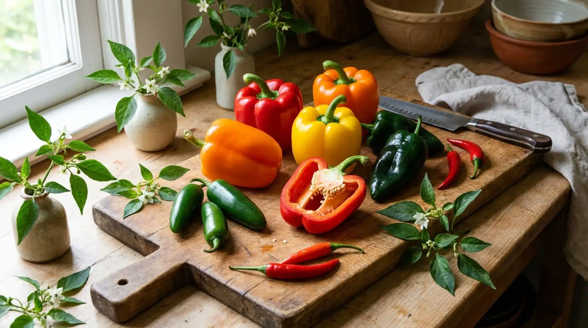 Colorful bell peppers displayed with flowers showing why peppers are considered a fruit botanically.