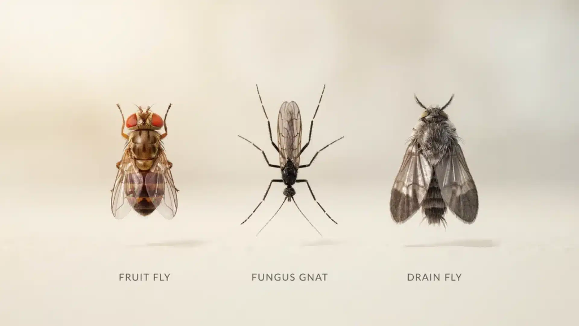 Side-by-side comparison of fruit fly, fungus gnat, and drain fly showing detailed close-up views of each insect for identification.