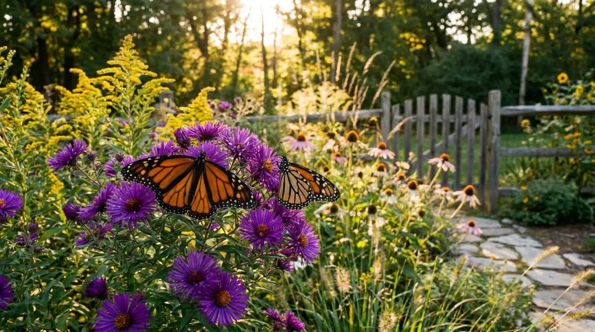 Purple asters with monarch butterflies showing flowers that attract butterflies in a late-season garden.