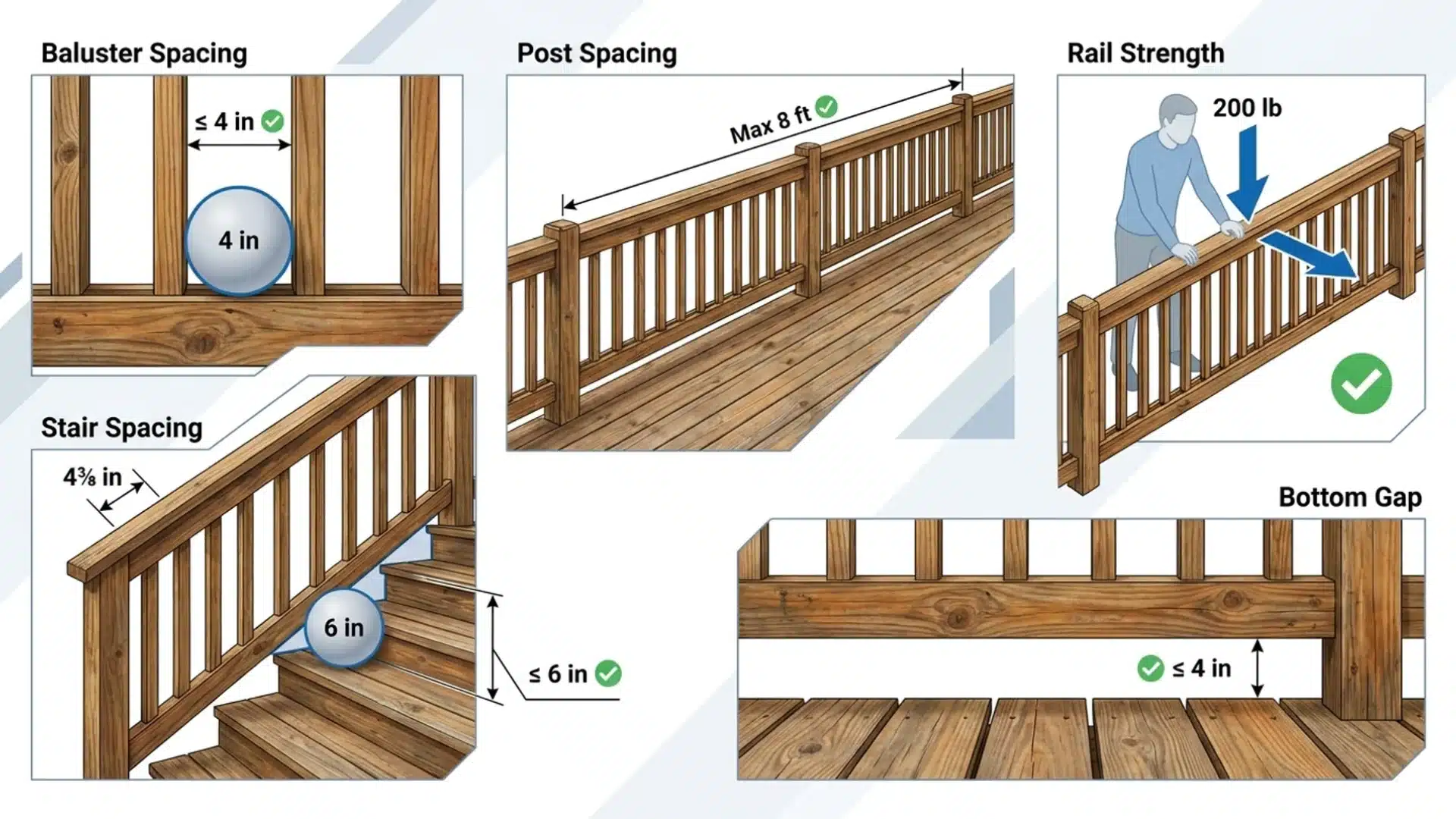 Diagram showing deck baluster spacing, post spacing, rail strength, and gap requirements.