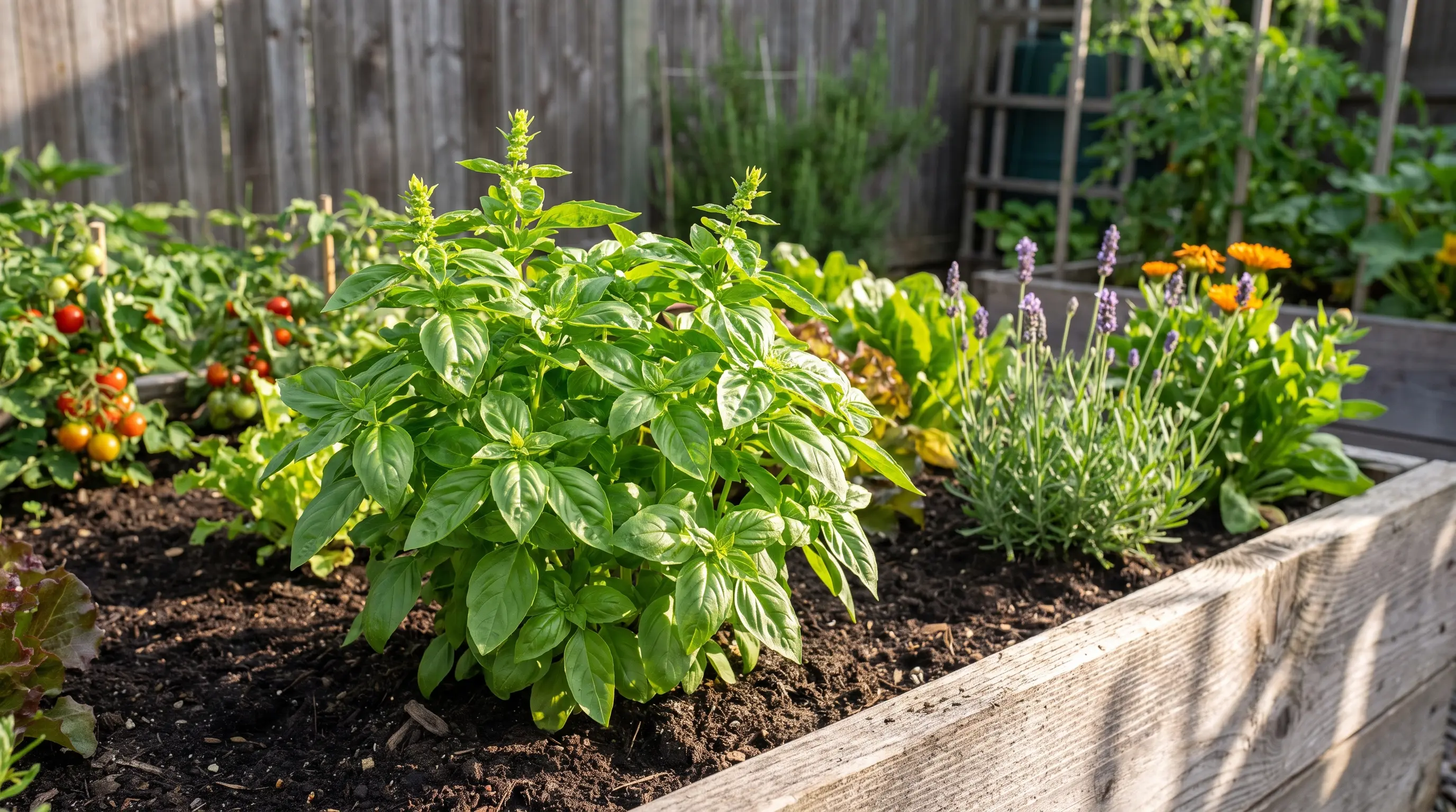Fresh basil plant growing beside vegetables in a sunny home garden bed